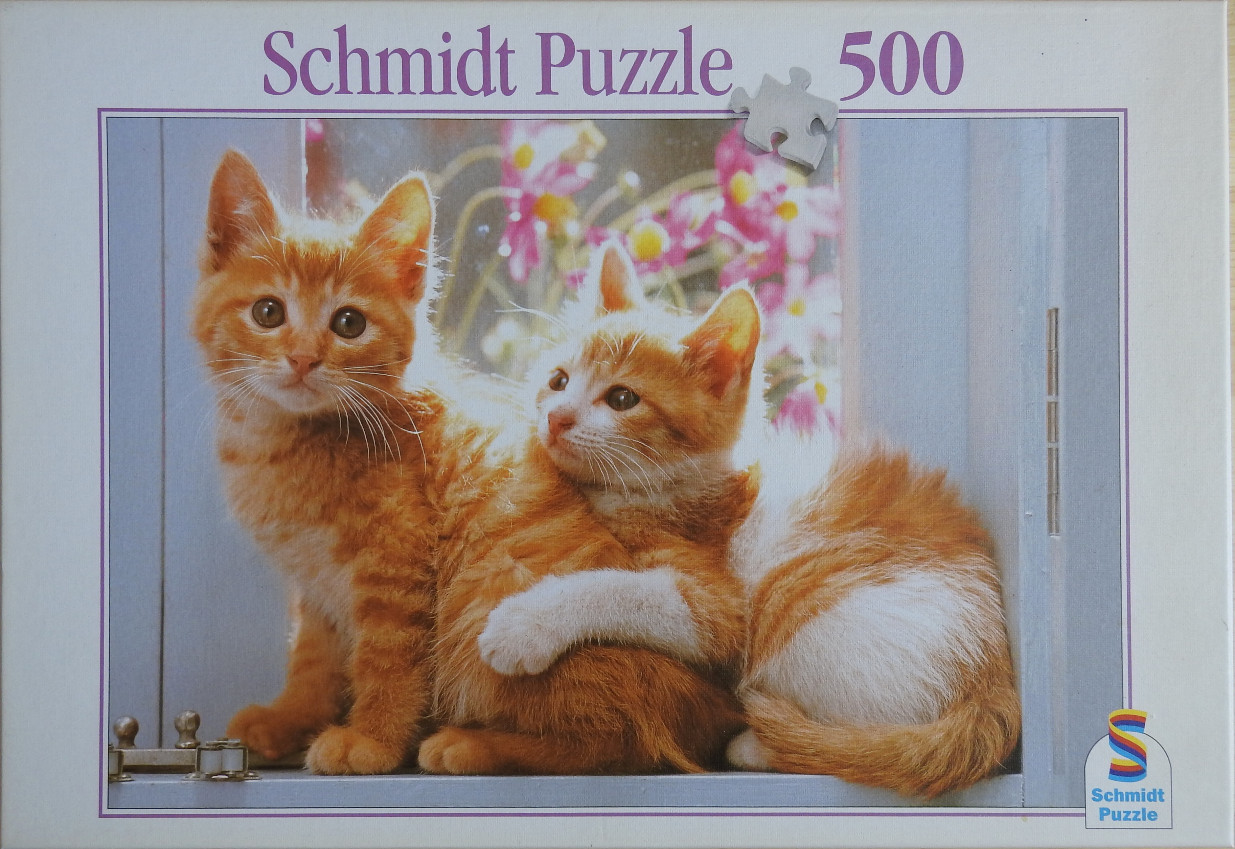 Two ginger tabby kittens sitting on a blue windowsill in front of a window with flowers.