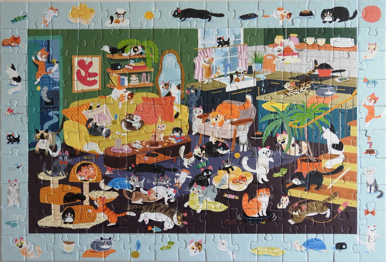 A whimsical illustration of a chaotic household filled with dozens of cats in various activities.