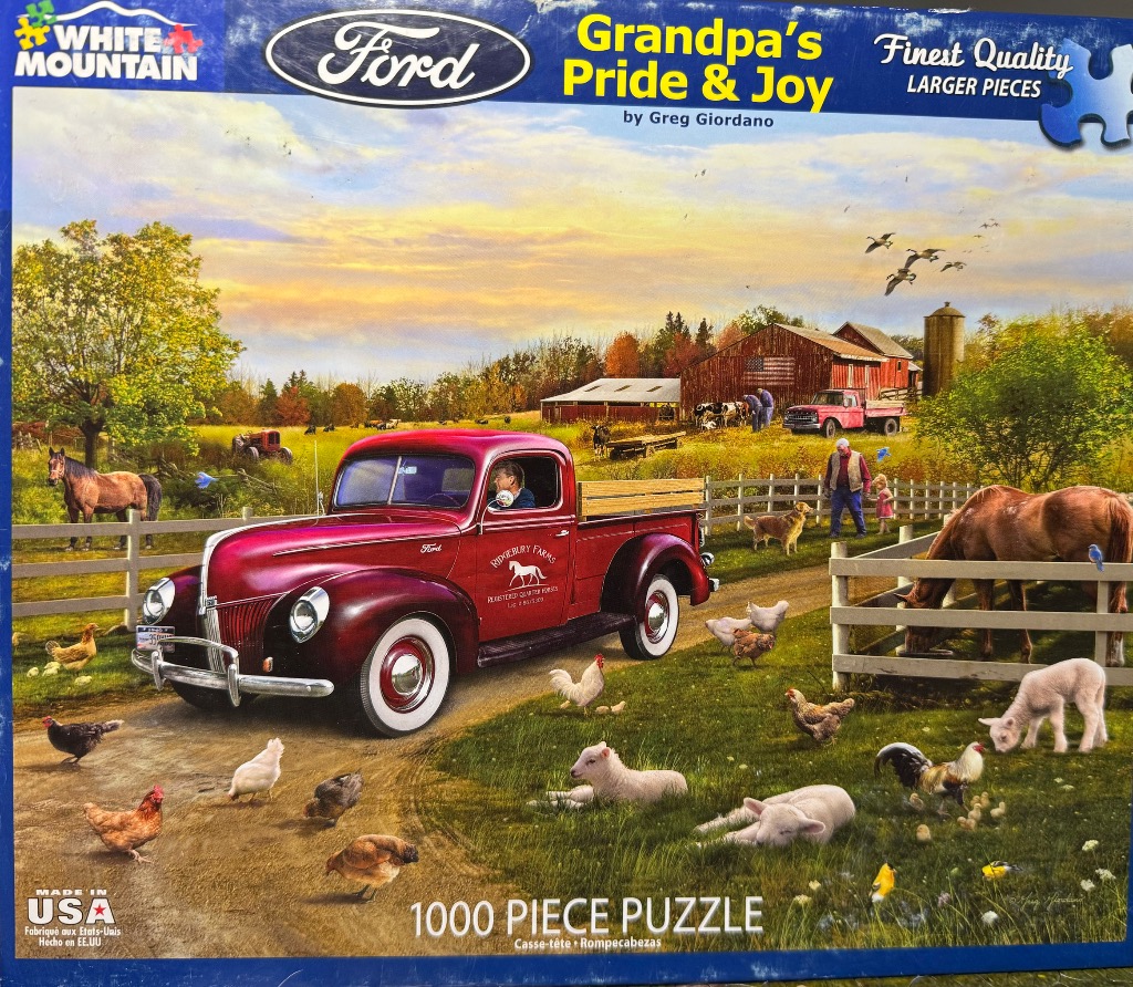 A vintage dark red pickup truck parked on a country farm surrounded by horses, sheep, and chickens at sunset.
