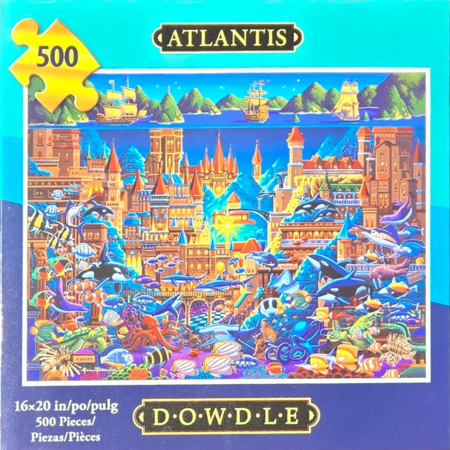 A vibrant folk art illustration of the underwater city of Atlantis teeming with marine life and grand castles.
