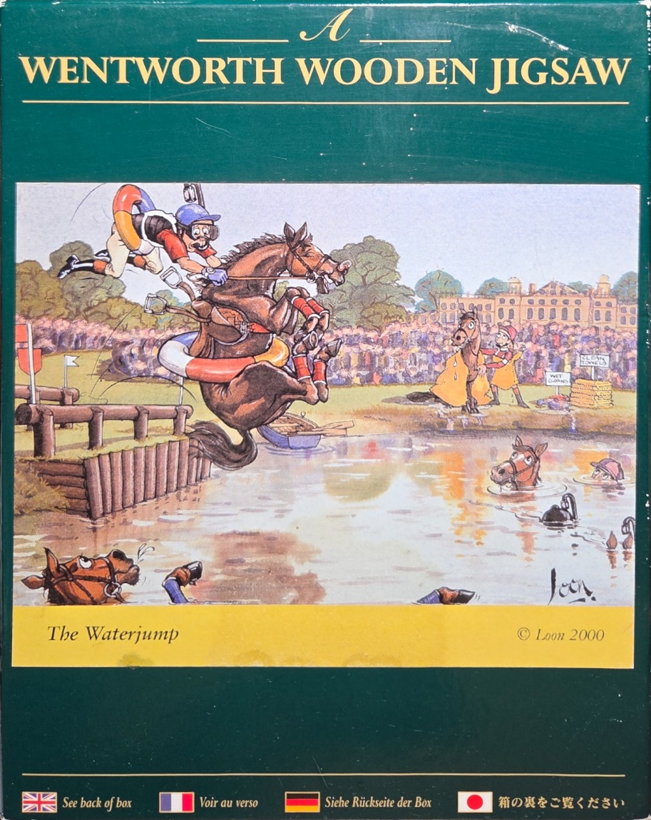 A cartoon illustration of a humorous equestrian water jump competition.