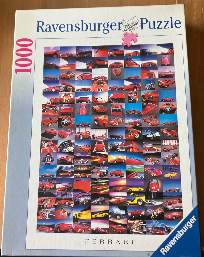 A collage of many small photographs showcasing various red Ferrari sports cars and race cars.