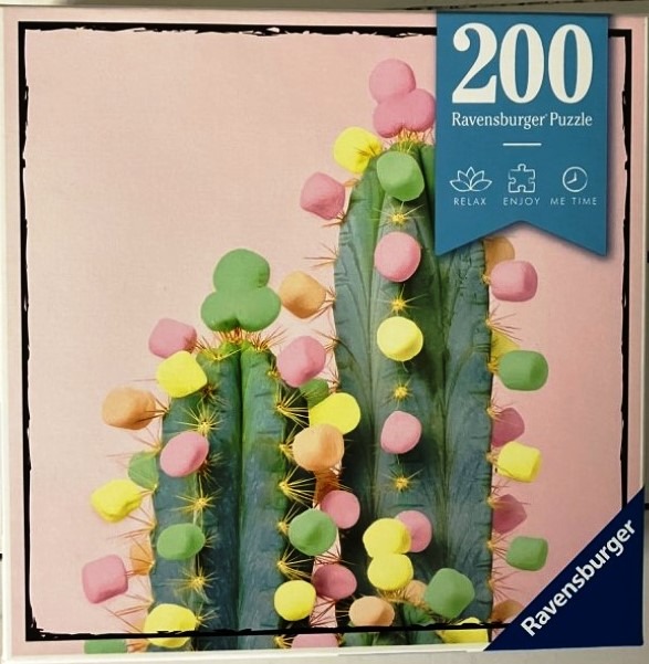Two green cacti decorated with colorful pastel marshmallows against a soft pink background.