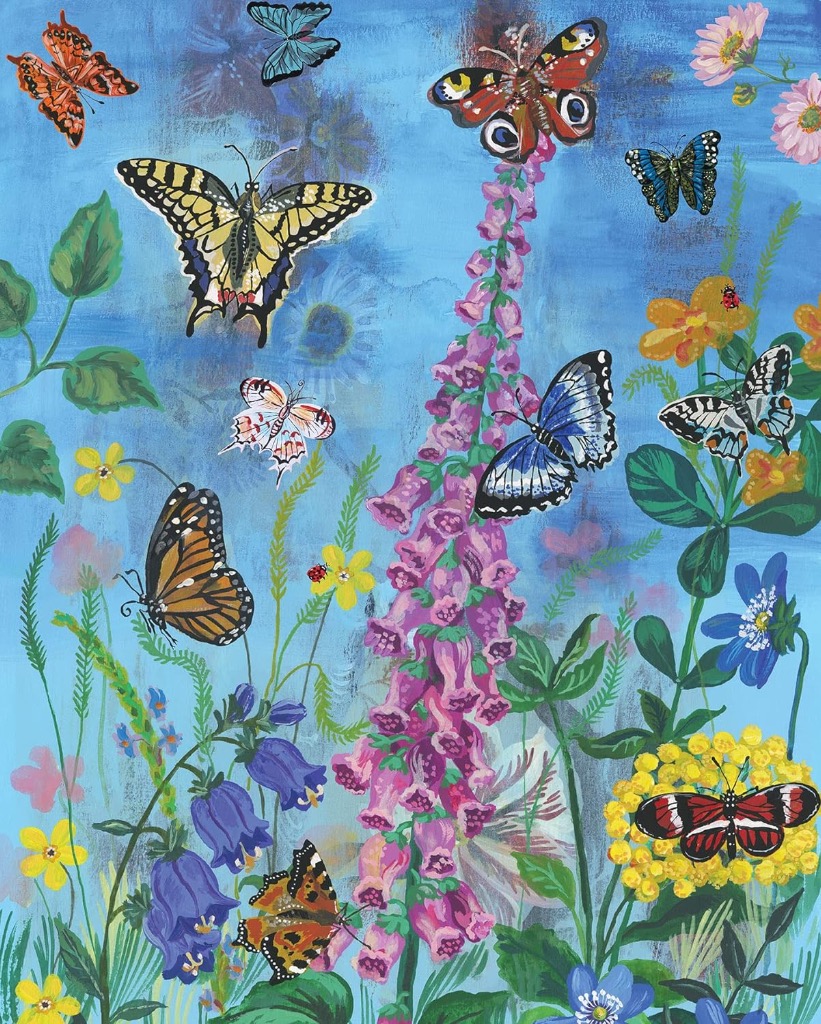 An illustration of various colorful butterflies fluttering around a tall purple foxglove flower in a meadow.