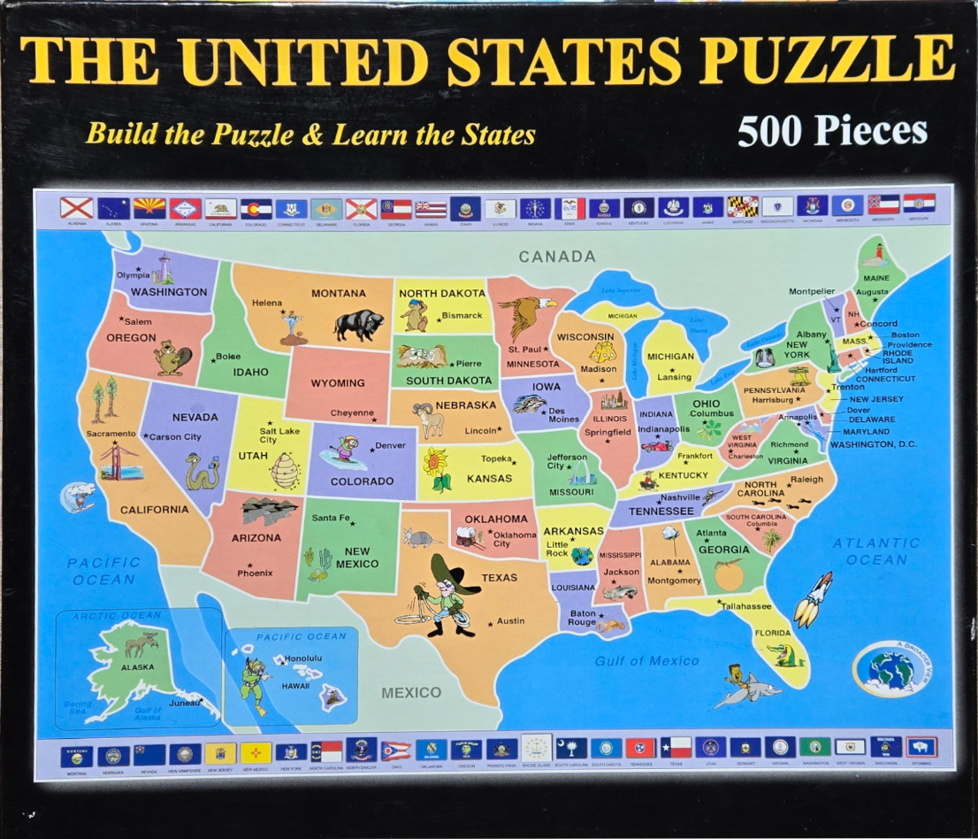 Map of the United States featuring state names, capitals, and colorful cartoon illustrations of regional icons.