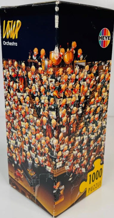 A humorous cartoon illustration of a large, chaotic symphony orchestra performing on stage.