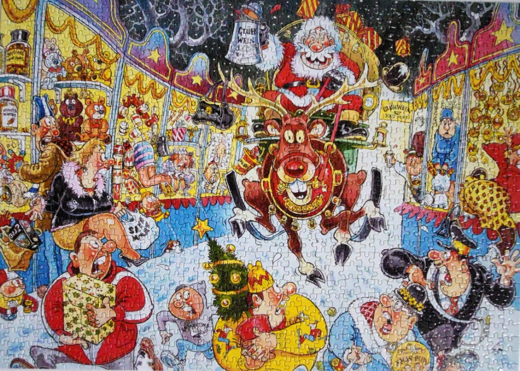 Whimsical cartoon of Santa and reindeer amidst chaotic Christmas shoppers and presents.