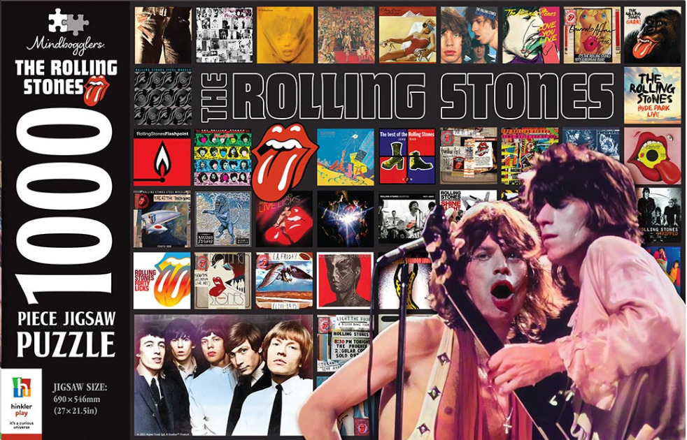 Collage of Rolling Stones album covers and a vintage concert photograph.