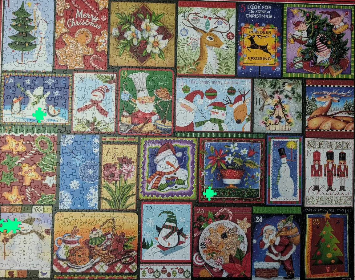 A montage of 25 numbered festive Christmas illustrations featuring holiday themes like snowmen, Santa, and reindeer.