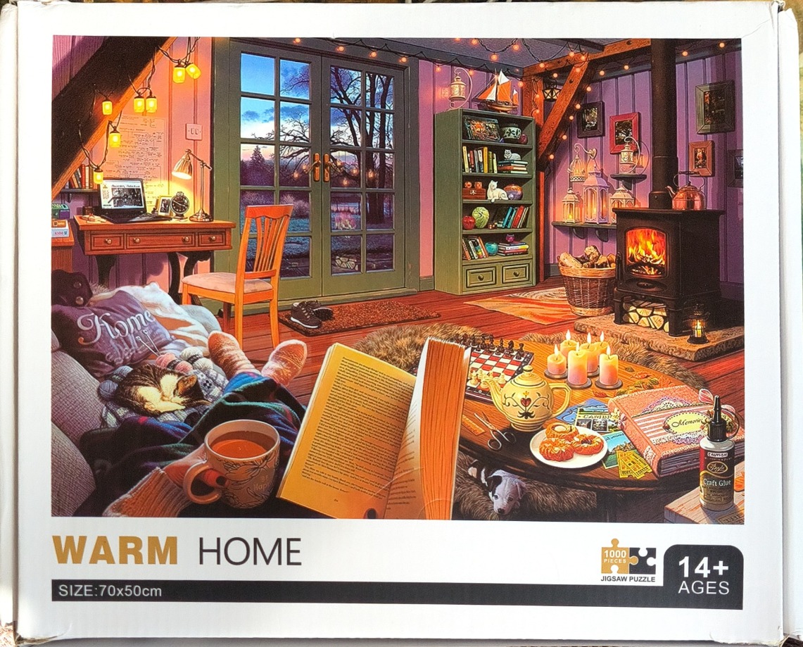 Cozy indoor scene with a person reading by a fireplace, a sleeping cat, and a view of a sunset through French doors.
