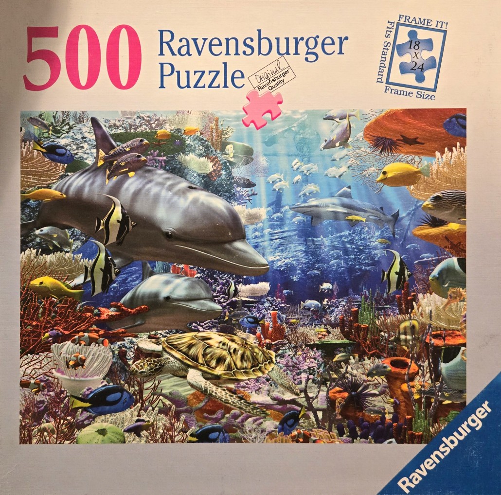 Underwater scene with dolphins, a sea turtle, and various tropical fish swimming amongst colorful coral reefs.