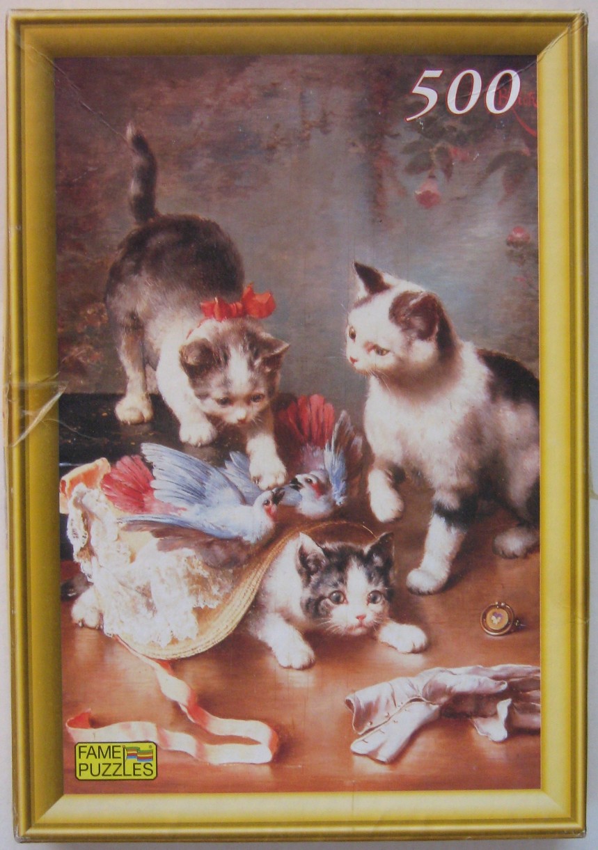 A vintage-style oil painting featuring three kittens playing with a straw hat and bird feathers.