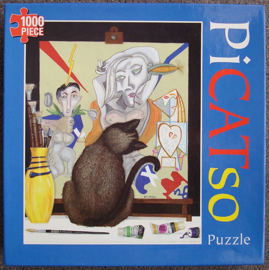 A whimsical cubist-style painting of a cat looking at an abstract portrait of a woman with strange surreal elements.