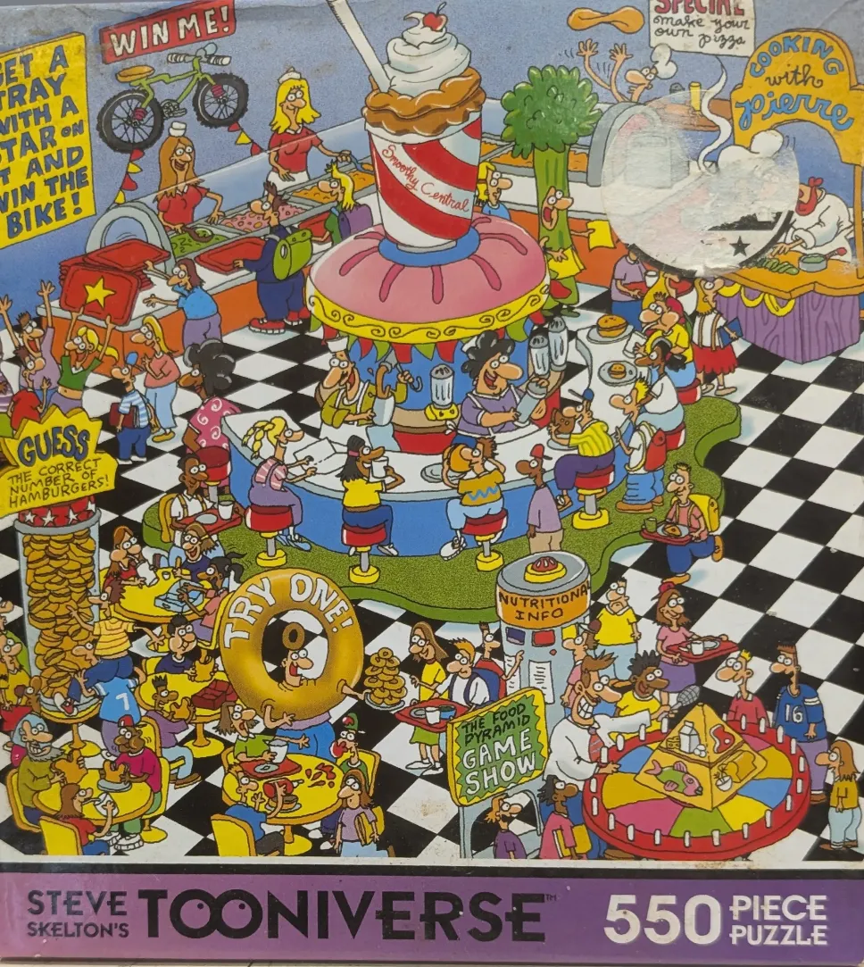 A chaotic cartoon of a busy food court with people, a giant milkshake, and a food pyramid game.