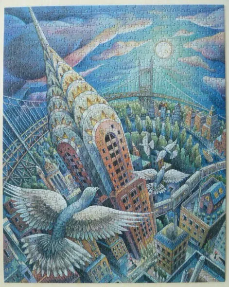 Artistic illustration of a stylized Art Deco skyscraper in a city with flying pigeons and a suspension bridge.
