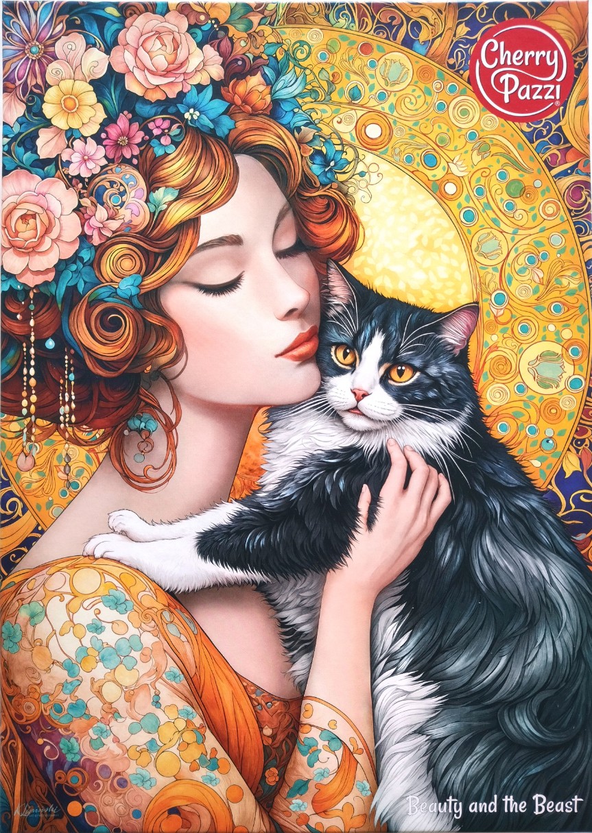 Art nouveau-style illustration of a woman with red hair and a floral headpiece holding a black and white cat.