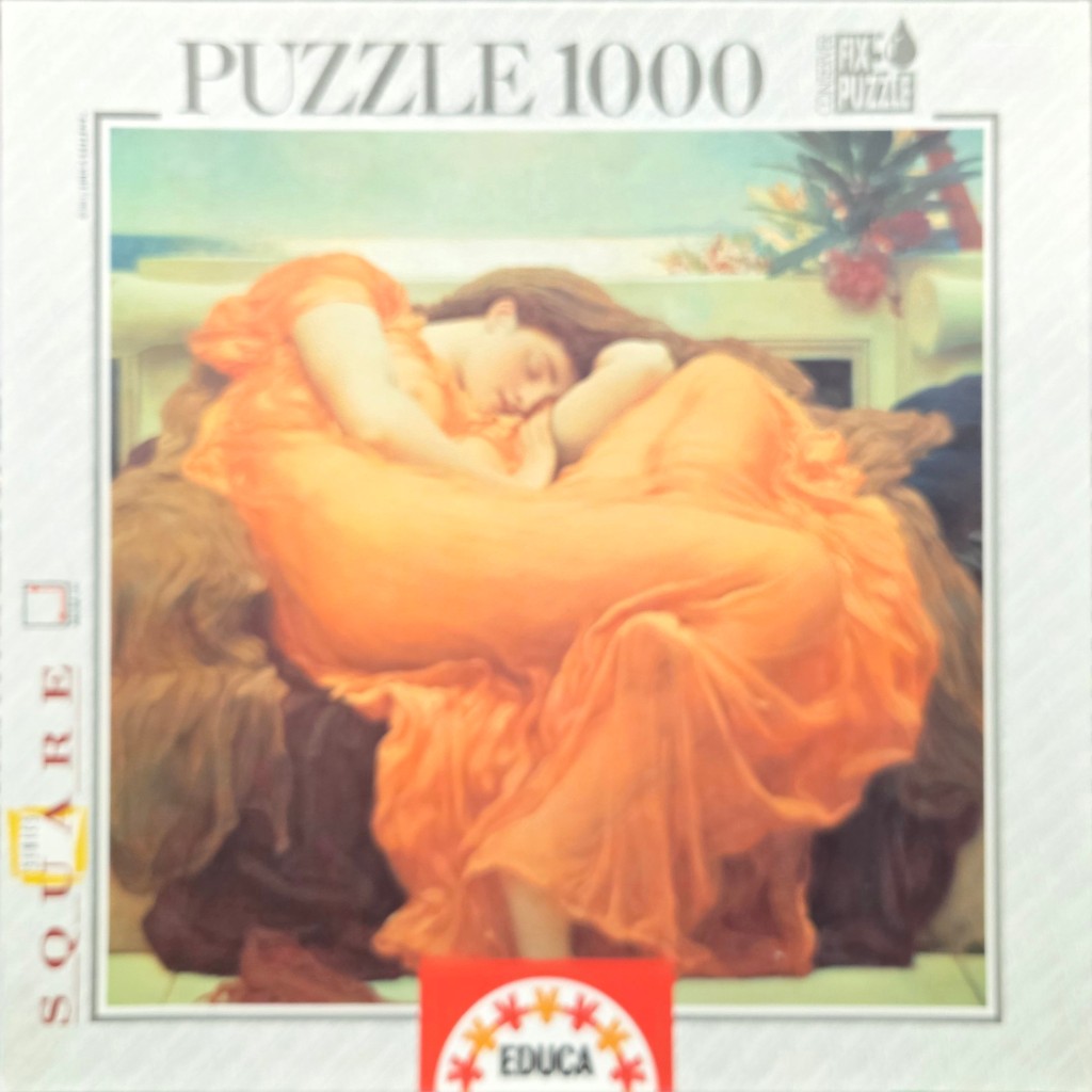 A painting of a woman in an orange dress sleeping on a bench.