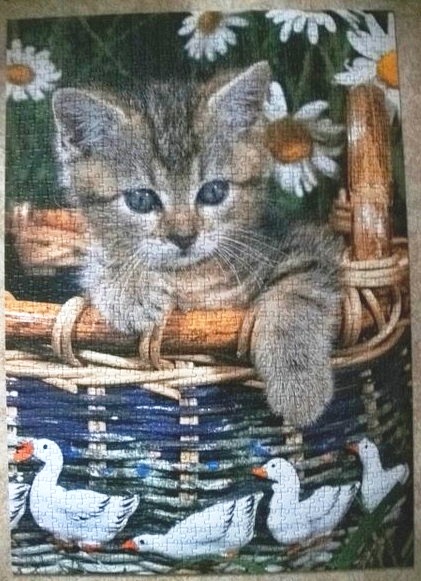 A tabby kitten sits in a blue wicker basket decorated with white daisies and small goose figures.