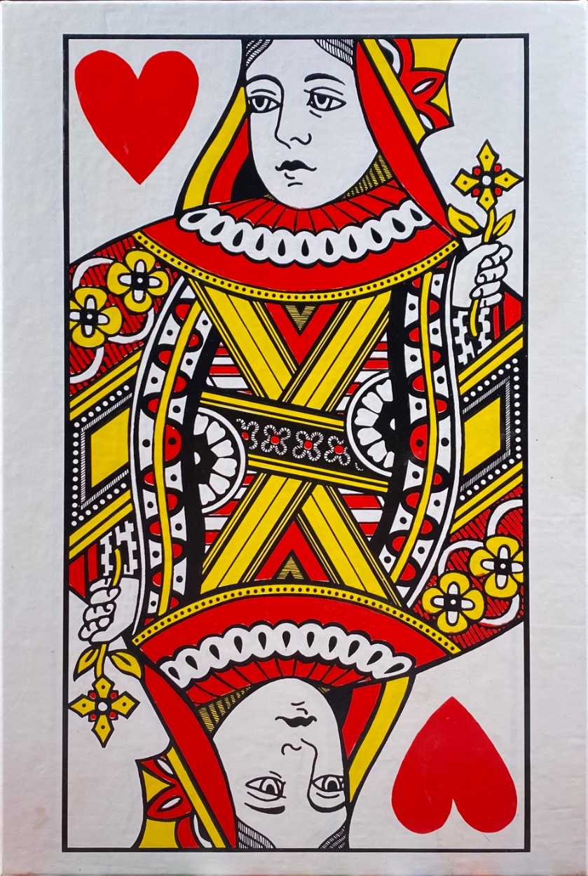 A double-ended illustration of the Queen of Hearts playing card featuring bold red, yellow, black, and white colors.