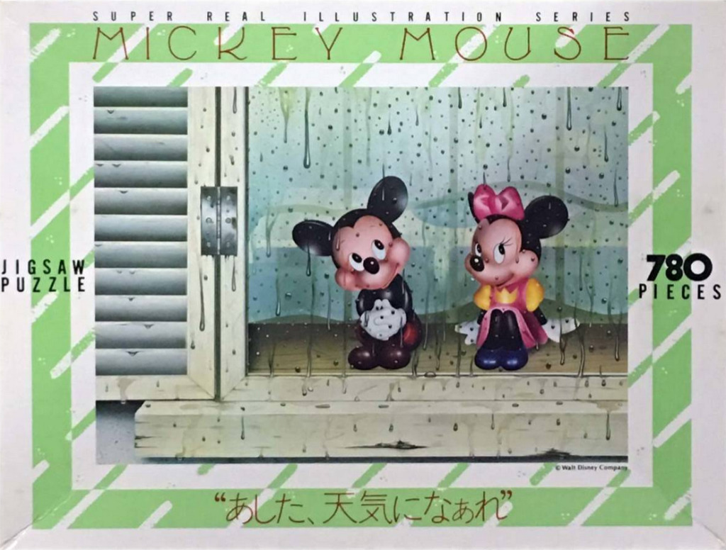 Mickey and Minnie Mouse sitting together on a windowsill looking out at the rain through a glass pane.