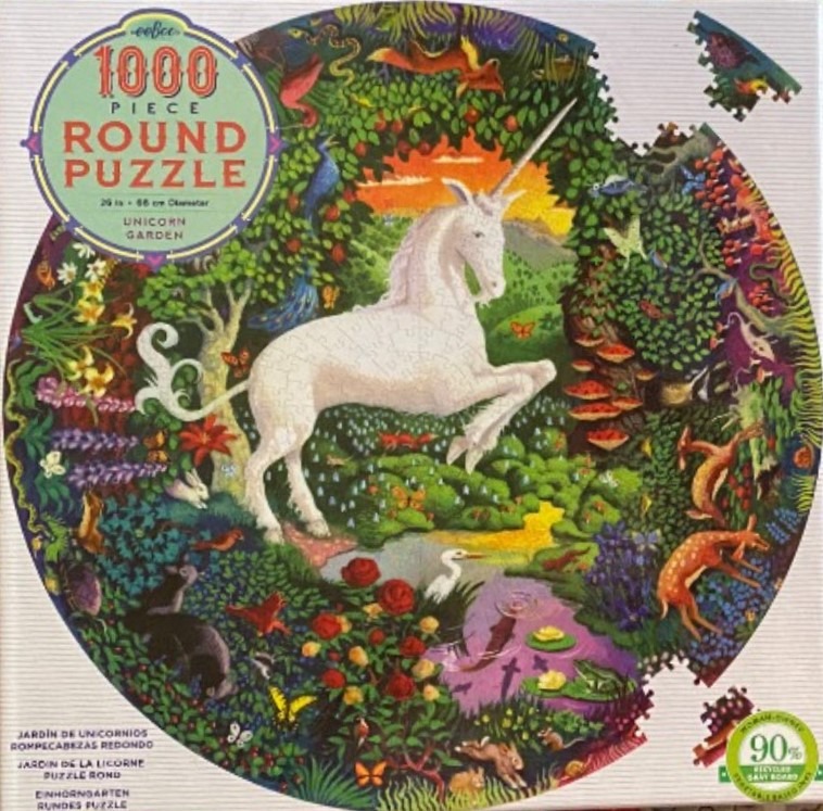 A fantasy illustration of a white unicorn standing in a lush, vibrant garden filled with flowers and wildlife.