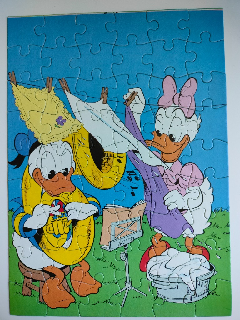 Cartoon illustration of Donald and Daisy Duck doing laundry and playing music.