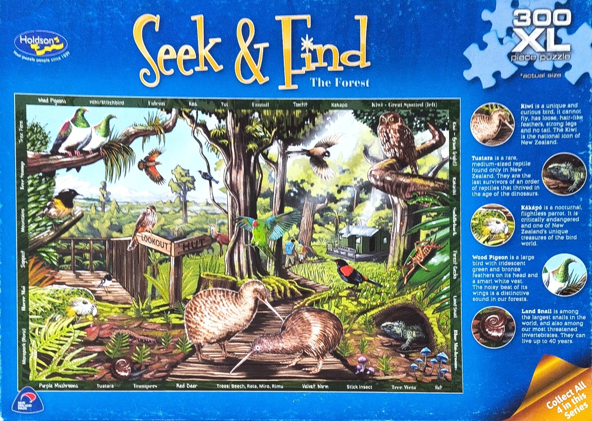 An illustrated 'Seek and Find' scene depicting various native New Zealand birds and creatures in a forest setting.