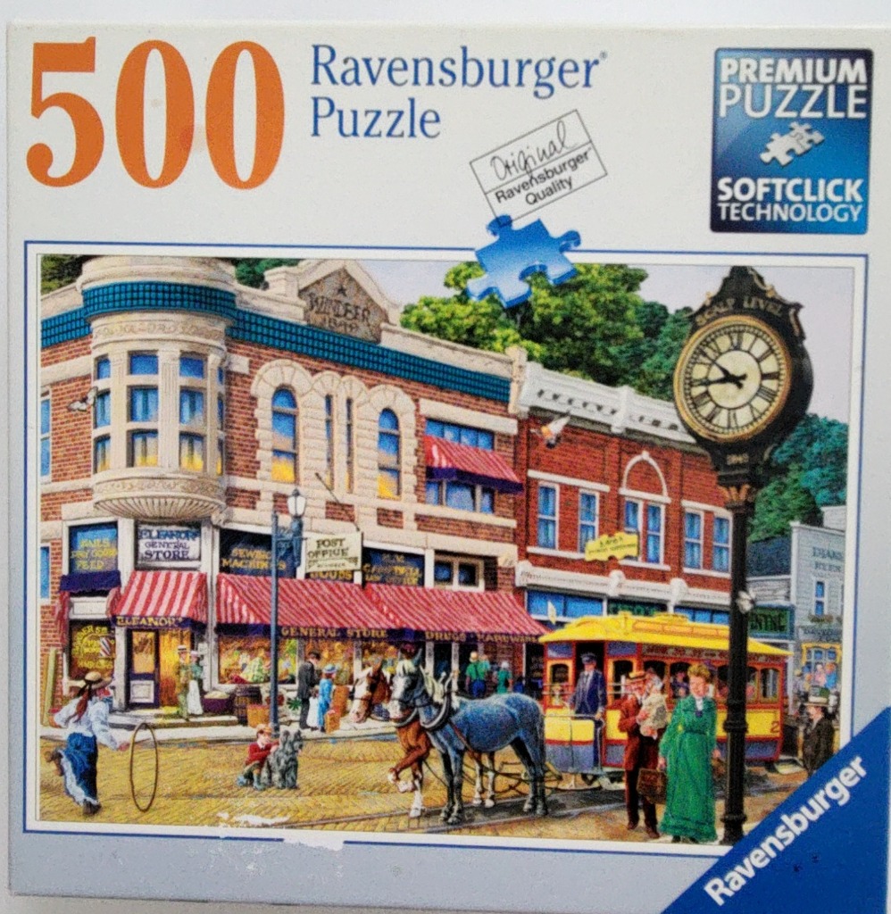 An illustration of a nostalgic American town street scene with a brick storefront, horse-drawn carriage, and streetcar.