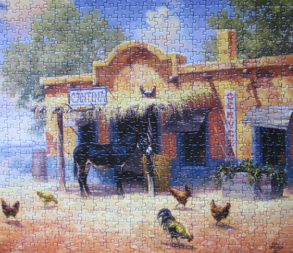 Painting of a rustic desert cantina with a donkey and chickens in the dusty foreground.