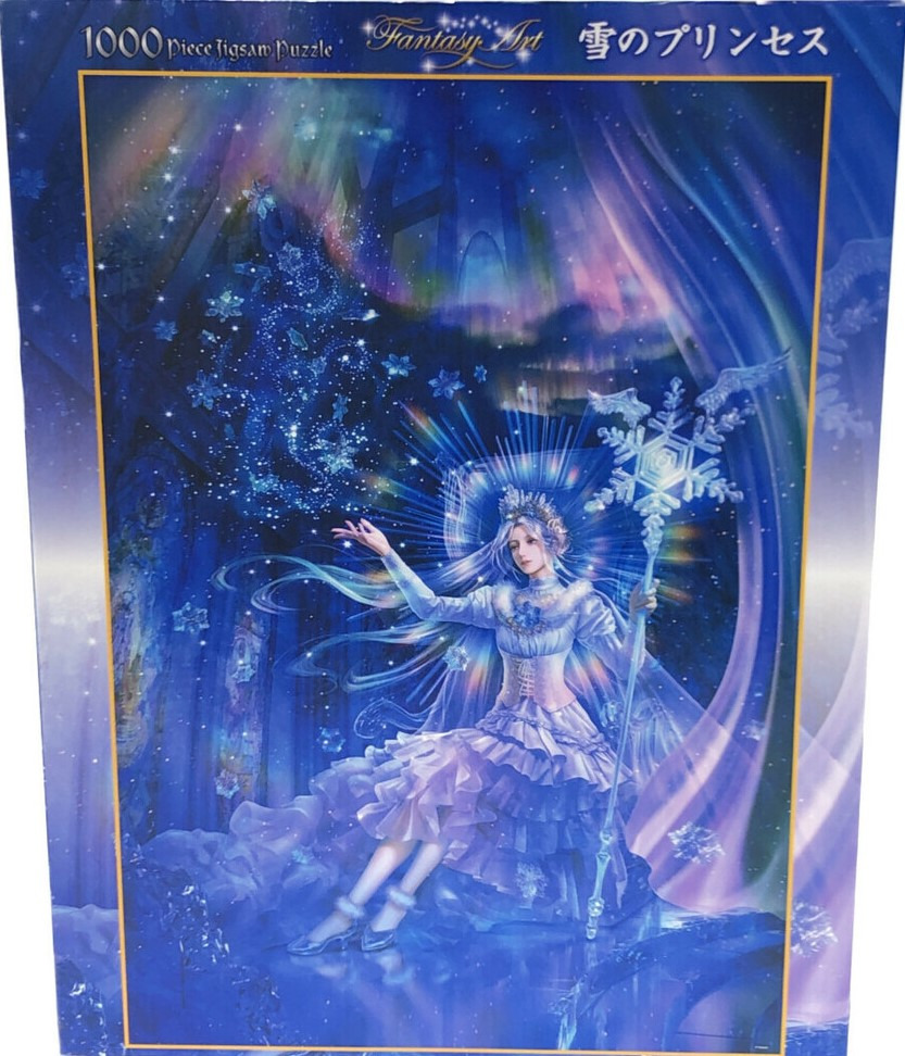 A fantasy illustration of a snowy princess holding a snowflake staff in a magical blue night setting.