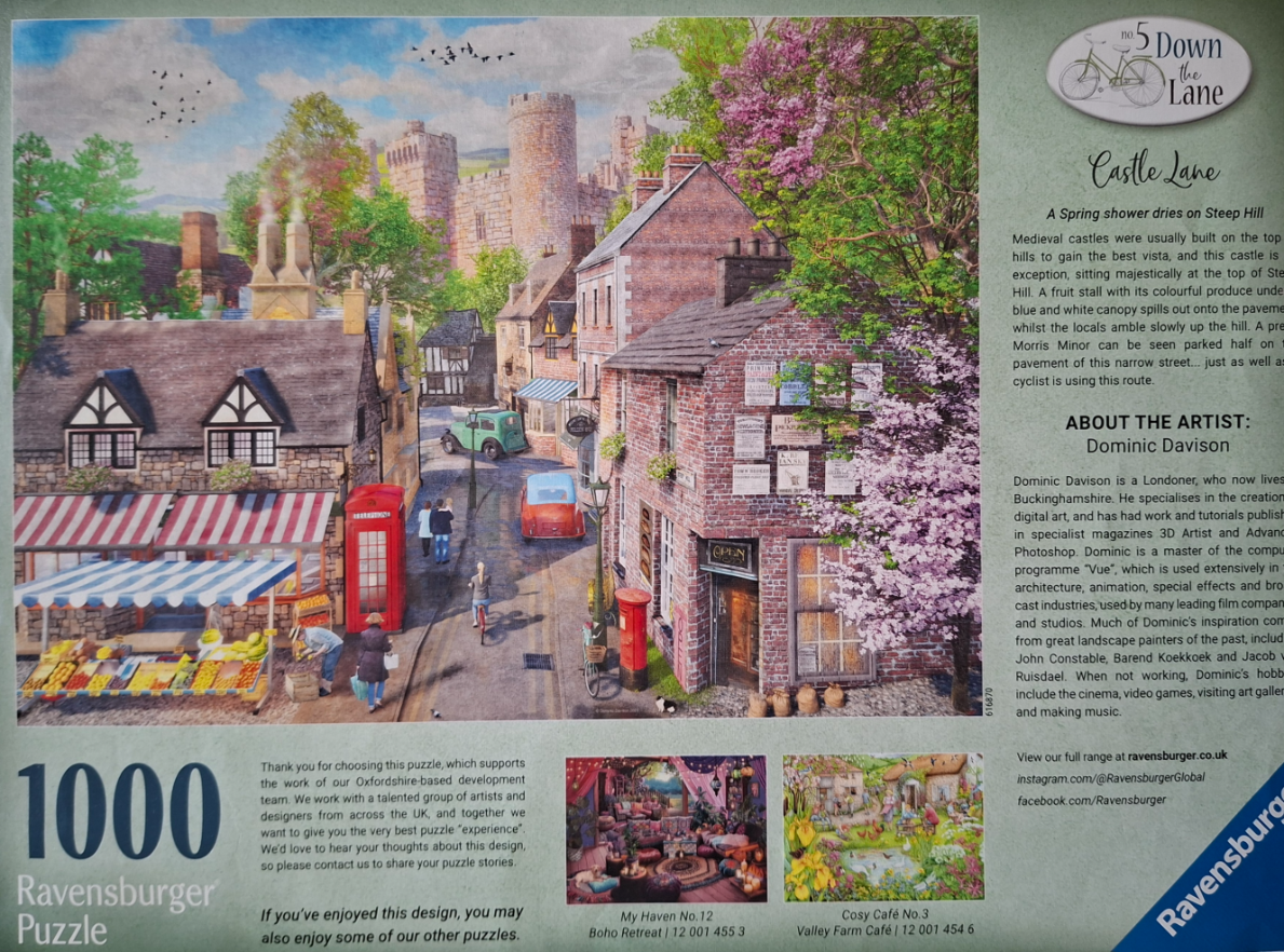 A charming English village scene with a historic stone castle looming in the background.