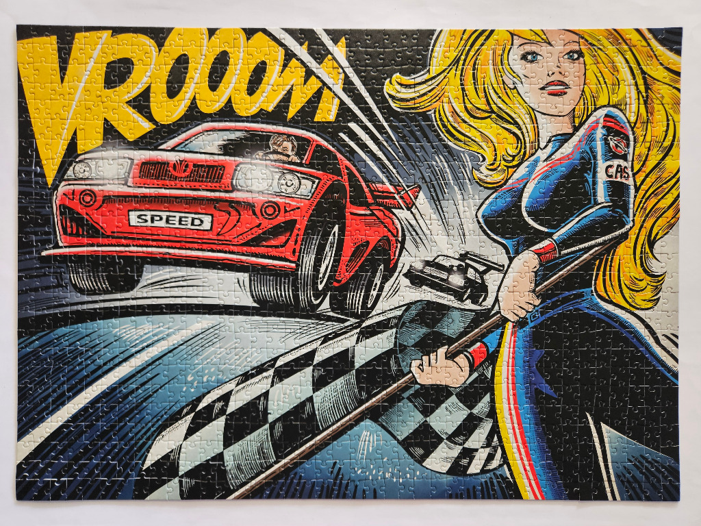 A comic book style illustration of a woman waving a checkered flag as a red race car speeds by.
