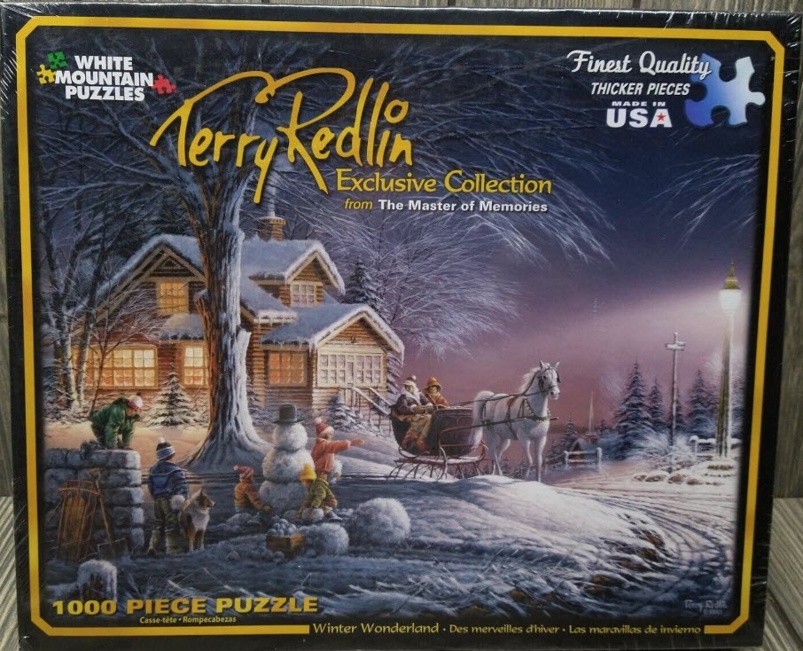 An oil painting of a winter evening scene featuring a snow-covered log cabin, a horse-drawn sleigh, and children playing.