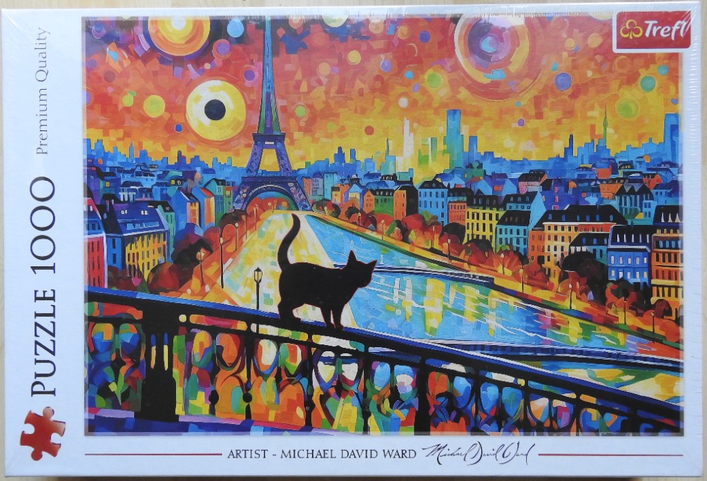 A black cat sits on a bridge railing overlooking a vibrant, impressionistic painting of the Paris skyline at sunset.