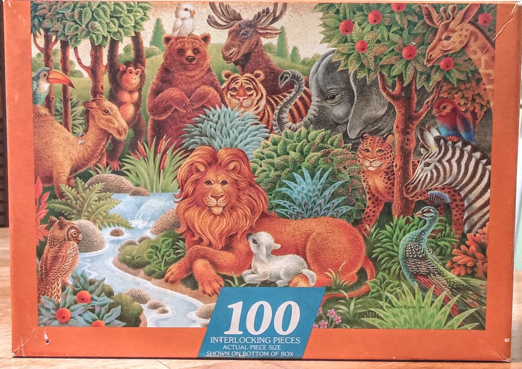 An illustration of various exotic animals gathered together in a lush, green forest clearing.