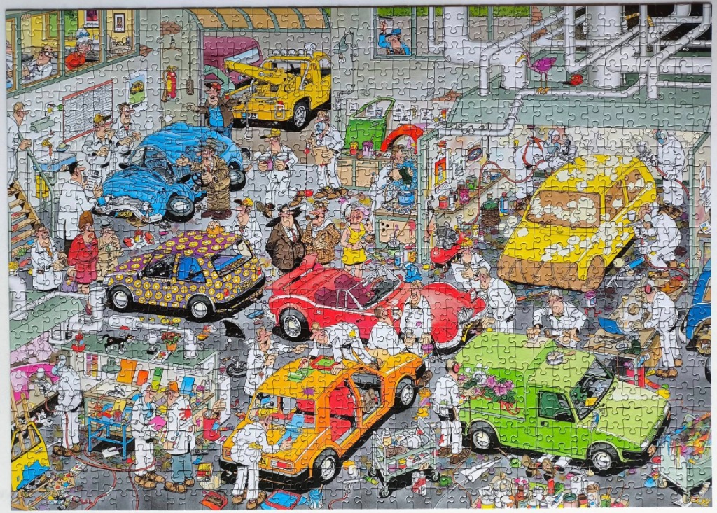 A chaotic, humorous cartoon illustration of a busy automotive paint shop with workers and colorful cars.