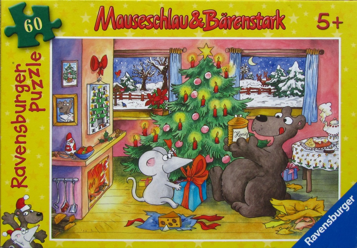 Cartoon illustration of a mouse and a bear celebrating Christmas indoors with a tree, gifts, and a fireplace.