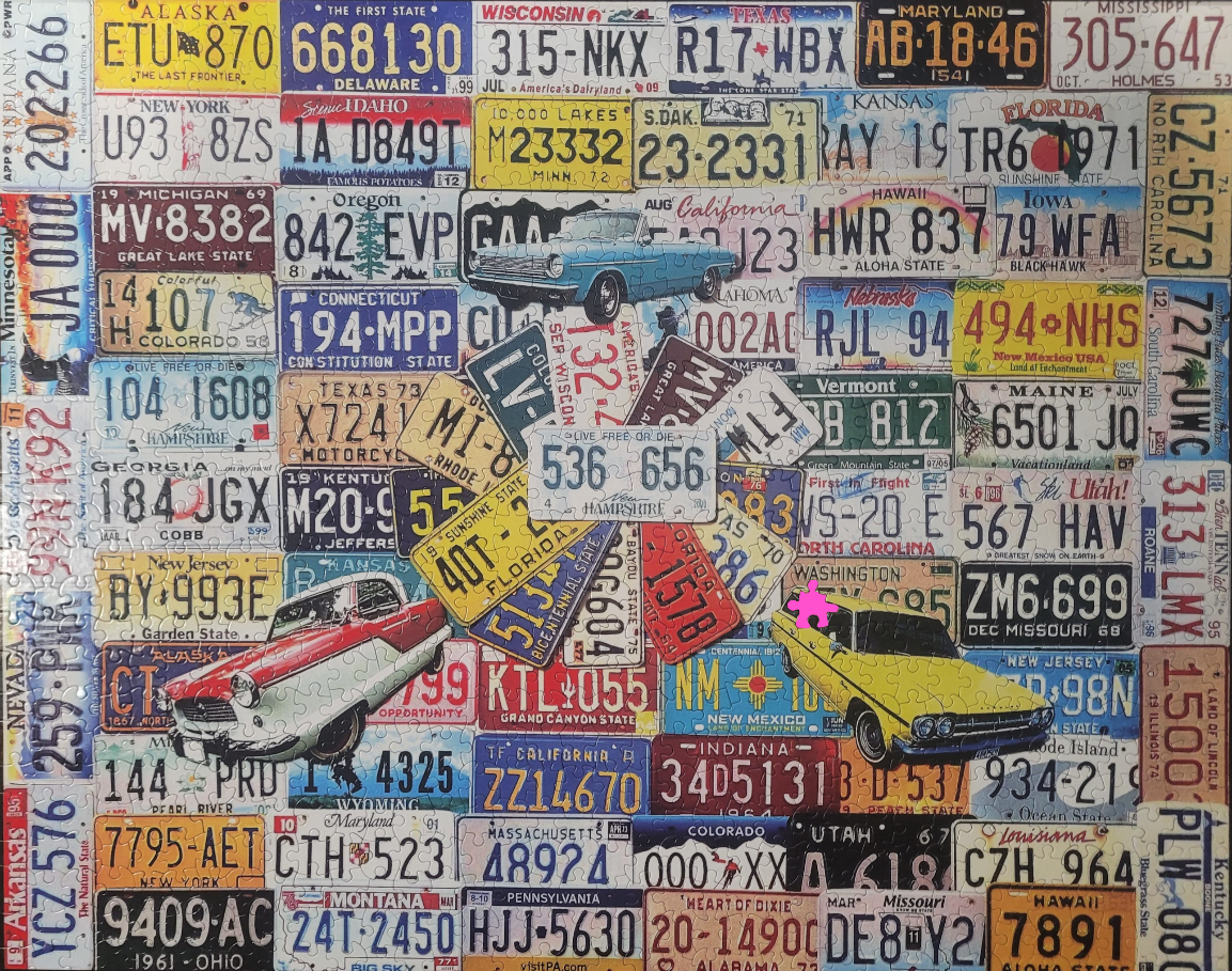 A collage of vintage American license plates featuring three classic cars layered on top.