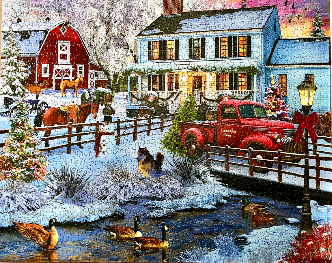 A cozy winter farm scene with a red truck, a snow-covered house, and ducks in a pond.