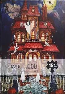 Spooky Victorian mansion at night with ghosts and a full moon