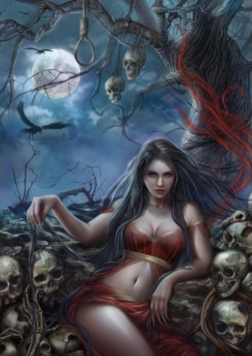 A dark fantasy portrait of a woman in a red dress reclining among human skulls under a full moon.
