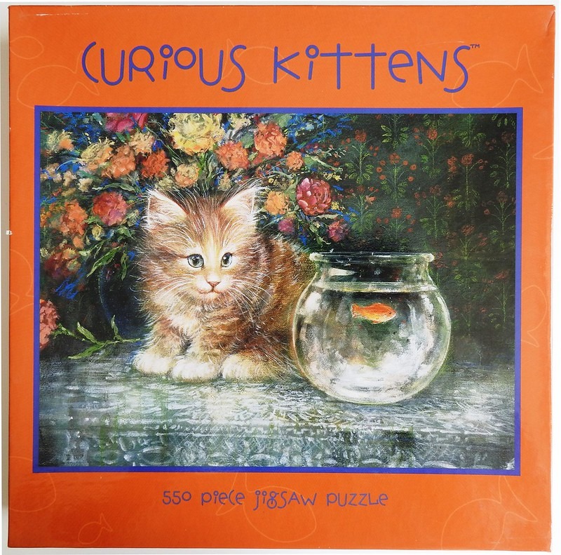 An illustration of a fluffy ginger kitten sitting next to a glass goldfish bowl filled with water and a single fish.