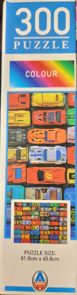 300 piece puzzle of colorful toy cars, vintage style photography.