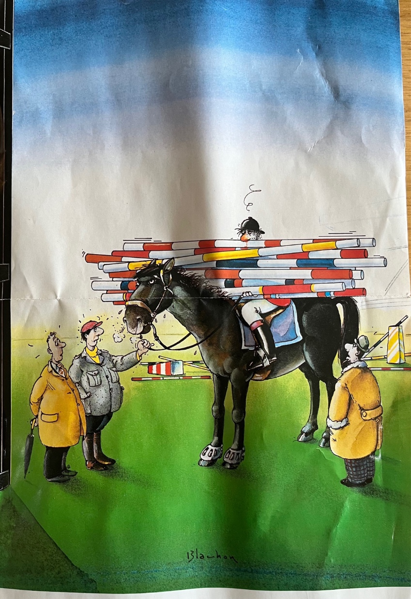 A humorous cartoon illustration of a rider on a horse carrying an impossible load of colorful show jumping poles.