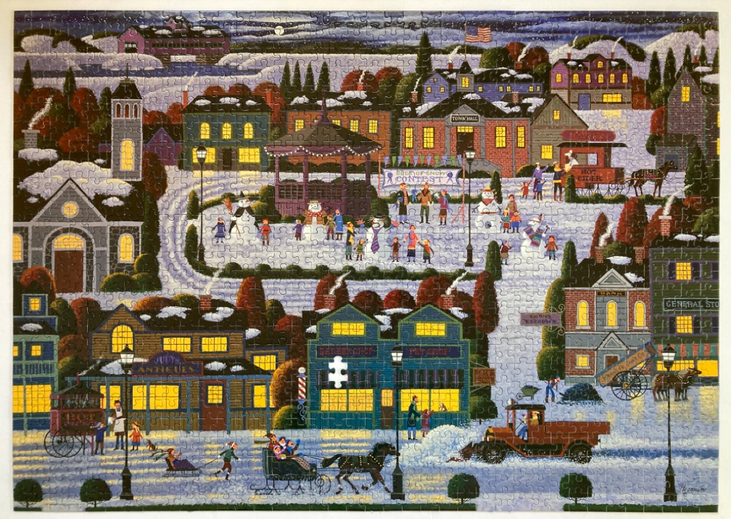 Folk art style winter town square scene with people, horse-drawn sleighs, and a town hall.