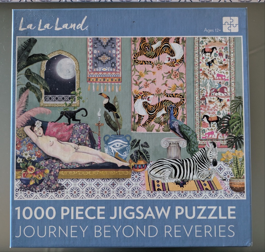 Surrealist illustration of a reclining woman in a room with a zebra, tiger tapestry, peacock, and tropical plants.