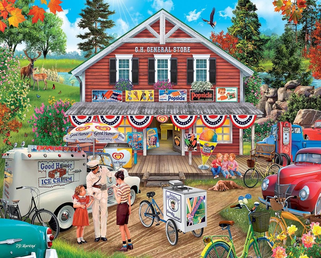 A nostalgic rural scene featuring an ice cream truck, a general store, and people enjoying a sunny day.