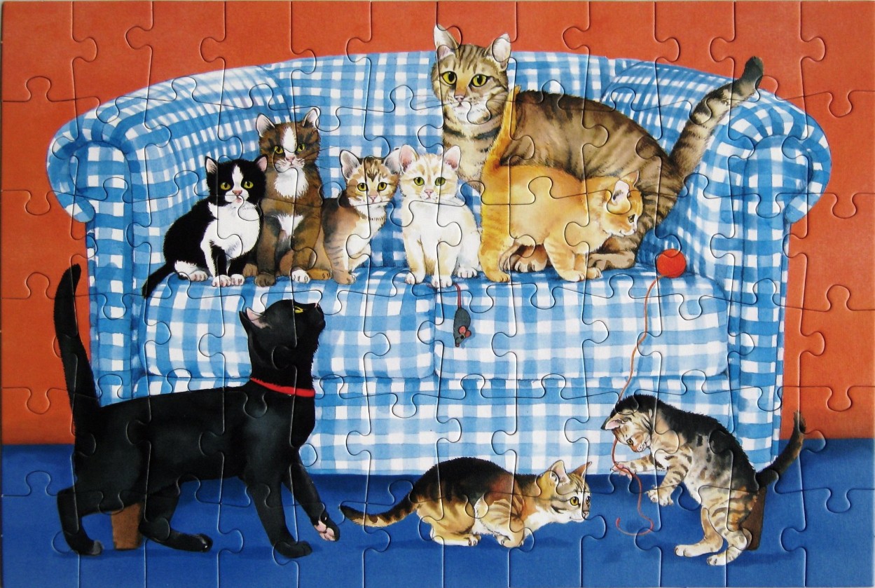 A group of cats and kittens playing on and around a blue checkered sofa against an orange background.