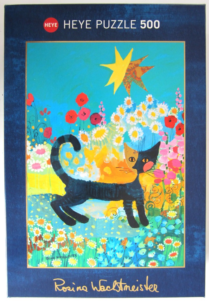 A whimsical illustration of a black and orange cat in a vibrant, colorful flower meadow under a stylized star.