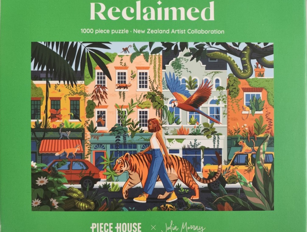 A woman walks a tiger down a street overgrown with lush vegetation and jungle animals in a colorful illustration.